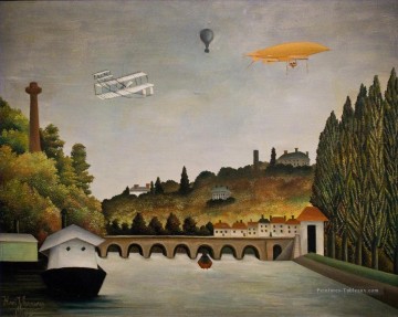  belle - Vue du pont de Sèvres et des collines de Clamart Saint Cloud et Bellevue avec ballon biplan et dirigeable Henri Rousseau post impressionnisme Naive primitivisme